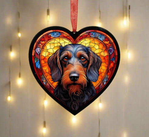 Dachshund Wirehaired Stained Glass Effect Heart Suncatcher